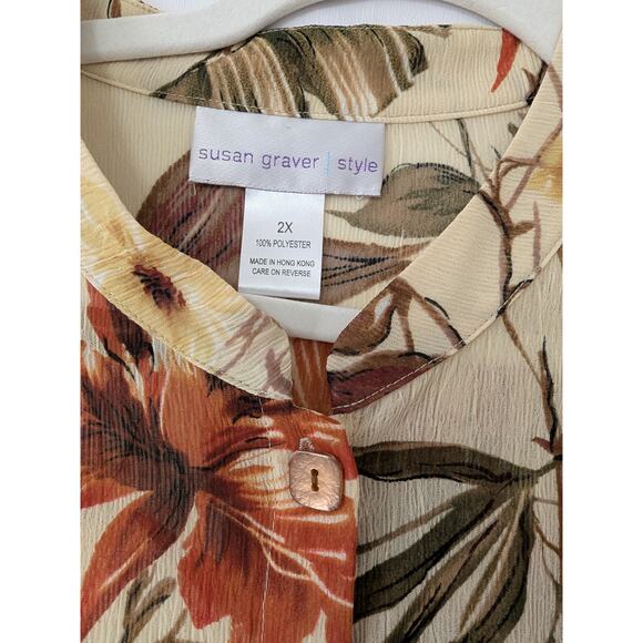 Susan Garver Brown Tan Floral Button-up Hawaiian Shirt Sheer Gauze Light‎ Sz 2X - Picture 3 of 6